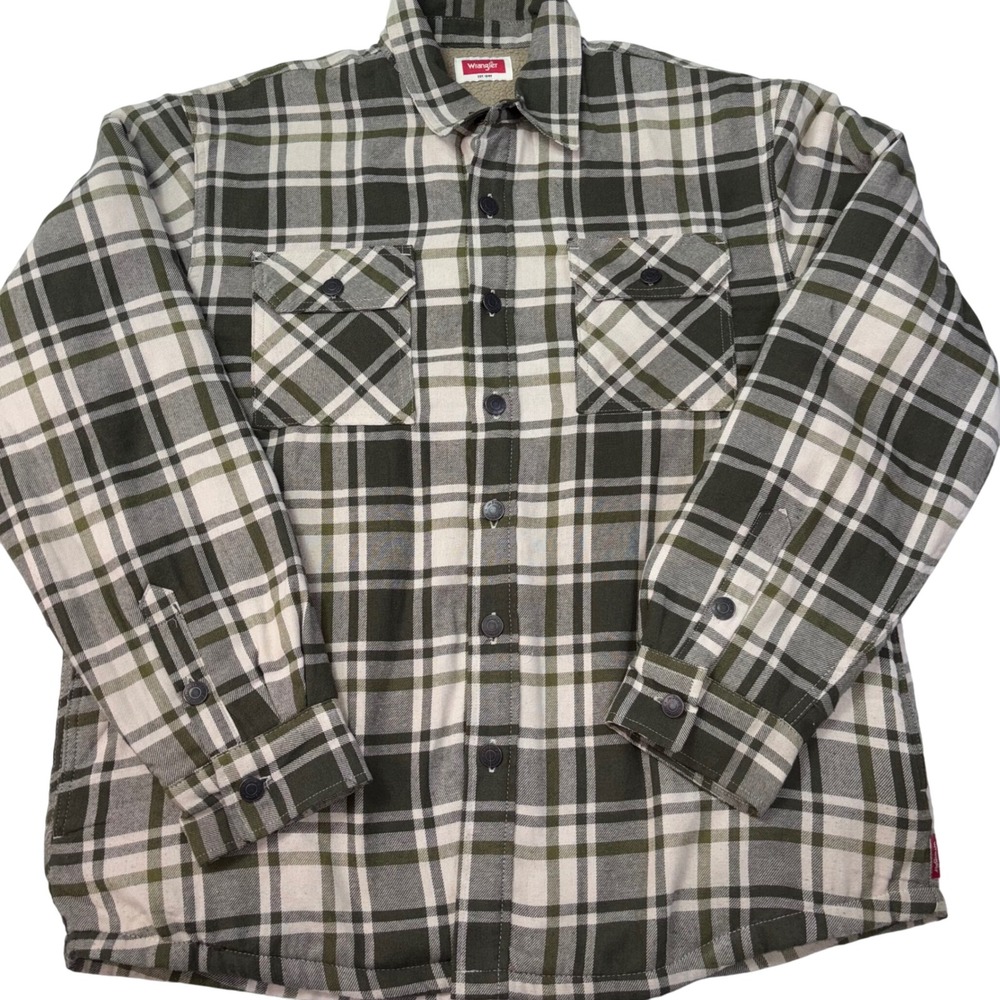 Wrangler Sherpa Fleece Plaid Shirt Flannel Lined Button Up Jacket Men's Large‎